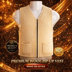 Vtg Van Heusen Cream 100% Wool Sleeveless Sweater Vest with Zipper, Pockets W M